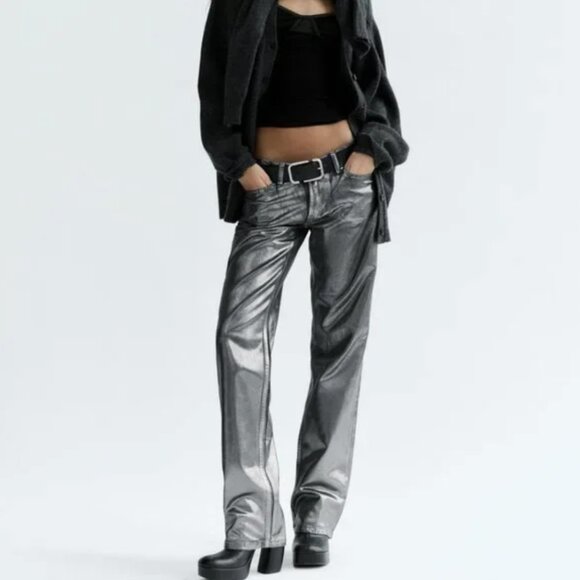 ZARA Denim - NWT ZARA MID WAIST STRAIGHT LEG FOIL JEANS BLACK